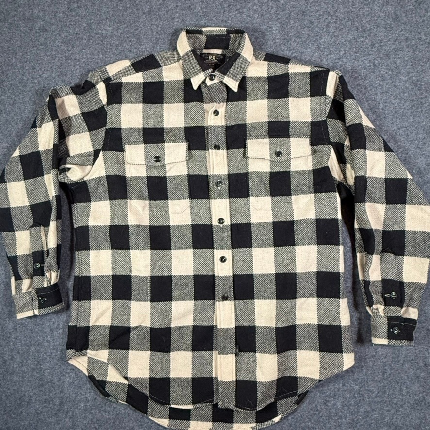Vtg Rrl Ralph Lauren Mens Xl Wool Buffalo Plaid Work Shirt Black Cream Usa Nwt